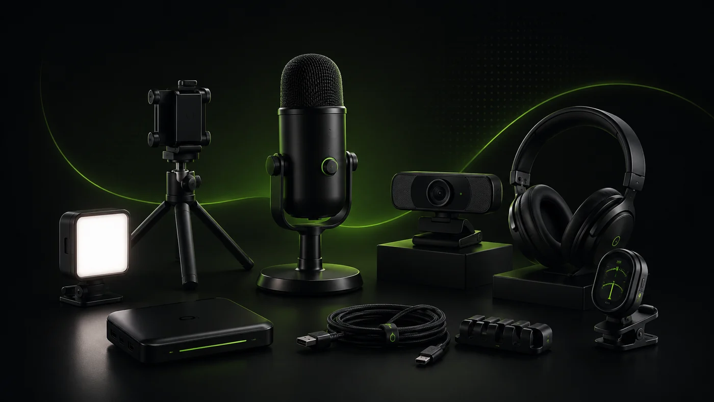 Editorial technology setup with microphone, tripod, light, webcam, headphones, tuner and accessories