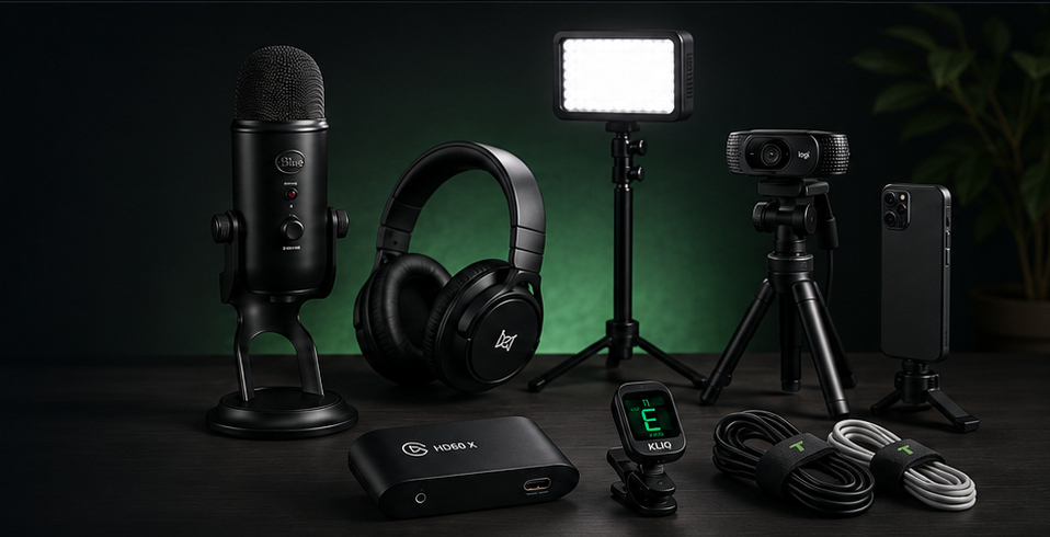 Technology setup for creators featuring a microphone, headphones, light, webcam, tripod, tuner and cables